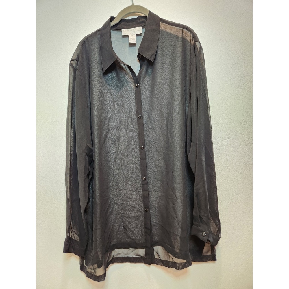 Maggie McNaughton Women 2X‎ Black Sheer Button Down Long Sleeve Blouse Top